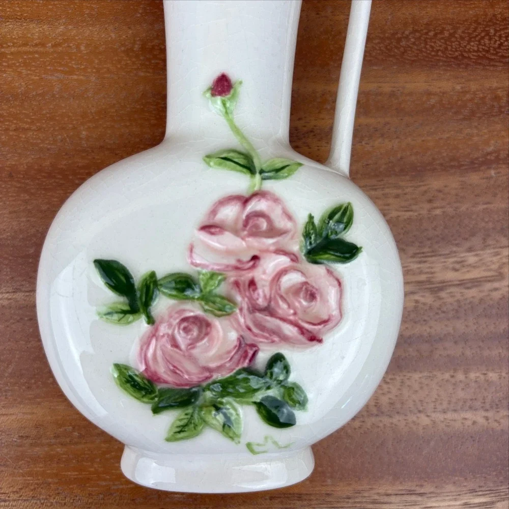 Vintage White Crackle Glaze Ewer Bud Vase Pink Roses Cottagecore Shabby Chic